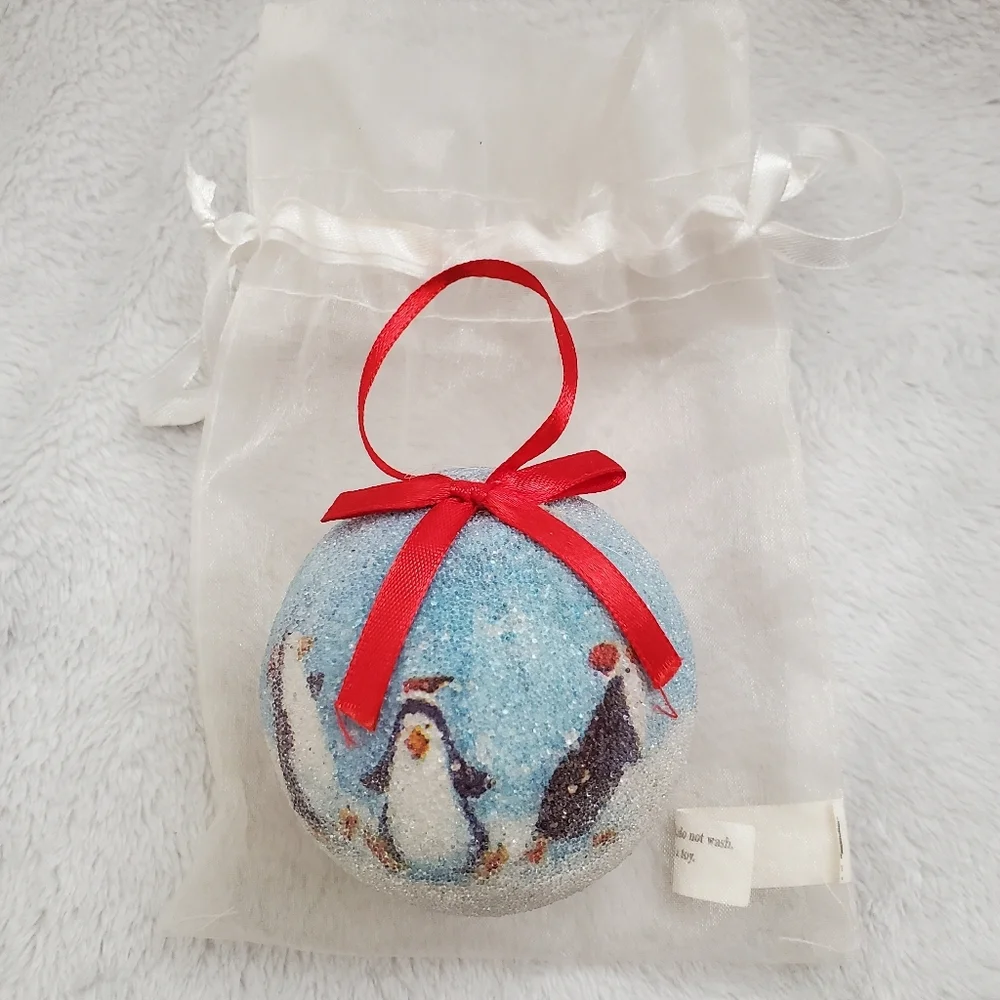 Vintage Sugar Mica Penguin Christmas Ball Ornament with Pouch